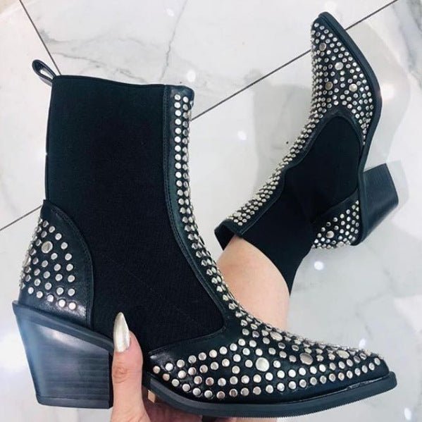 Autumn and winter women's boots sexy pointed denim style large size rivets elastic women shoes