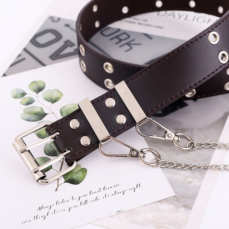 New punk wind double exhaust eye PU belt ladies Korean jeans fashion chain decoration wide belts