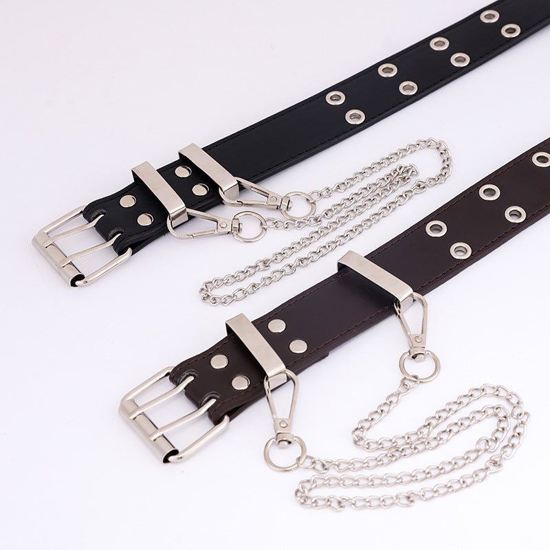 New punk wind double exhaust eye PU belt ladies Korean jeans fashion chain decoration wide belts