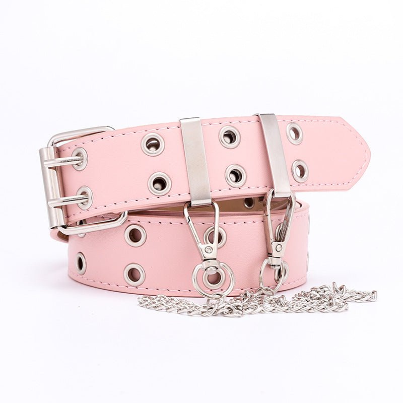 New punk wind double exhaust eye PU belt ladies Korean jeans fashion chain decoration wide belts