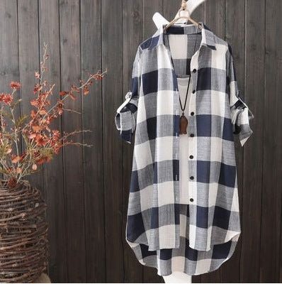 Shirt women's mid-length 2022 new summer dress large size women's clothing loose and thin fashion plaid women's sun protection clothing