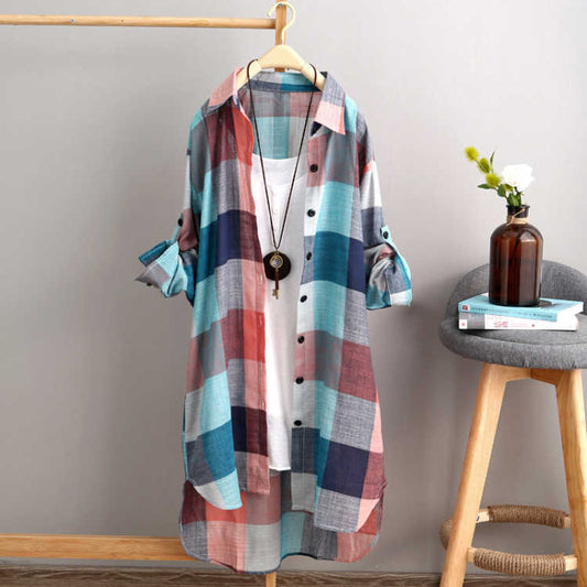 Shirt women's mid-length 2022 new summer dress large size women's clothing loose and thin fashion plaid women's sun protection clothing