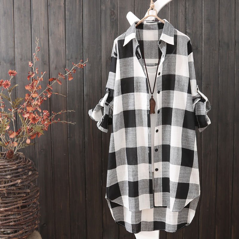 Shirt women's mid-length 2022 new summer dress large size women's clothing loose and thin fashion plaid women's sun protection clothing