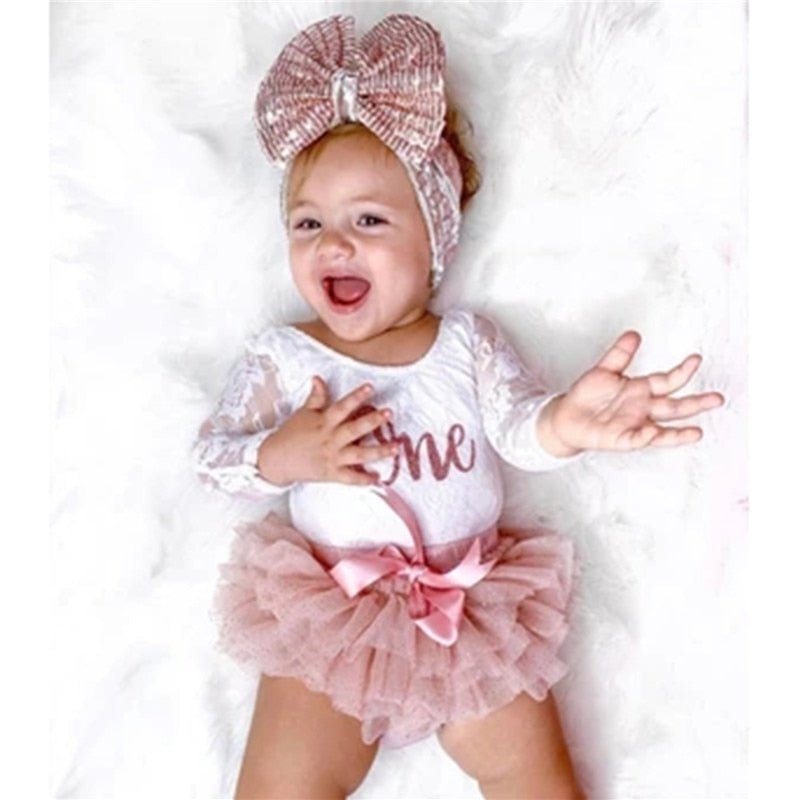 Cute Baby Clothing Girls My First Birthday Outfits Long Sleeve Floral Lace Romper Tutu Skirt Headband Baby's Set