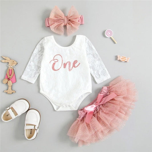 Cute Baby Clothing Girls My First Birthday Outfits Long Sleeve Floral Lace Romper Tutu Skirt Headband Baby's Set