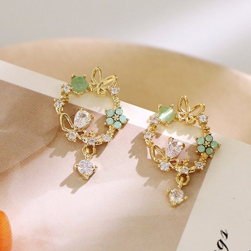2020 New Arrival Classic Round Pink Green Crystal Stud Earrings Sweet Flower Cirlce Jewelry Fashion Brincos Gift  for women