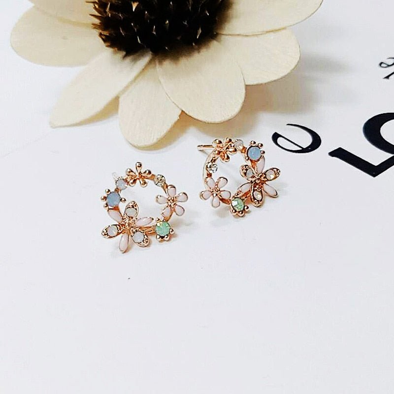 2020 New Arrival Classic Round Pink Green Crystal Stud Earrings Sweet Flower Cirlce Jewelry Fashion Brincos Gift  for women