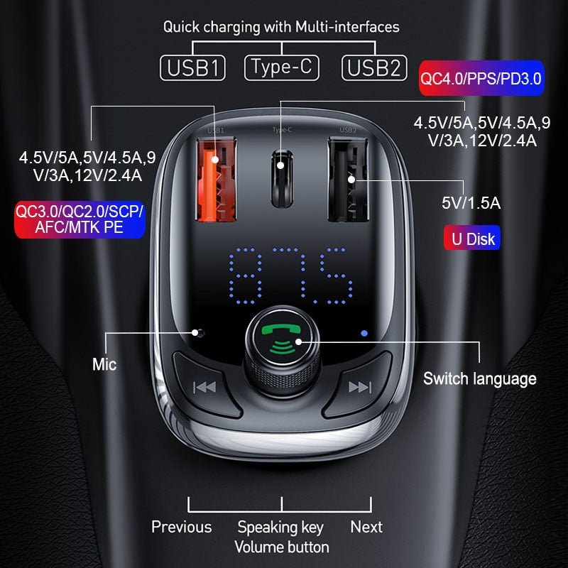 Baseus FM Transmitter Bluetooth 5.0 Handsfree Car Kit Audio MP3 Player With PPS QC3.0 QC4.0 5A Fast Charger Auto FM Modulator