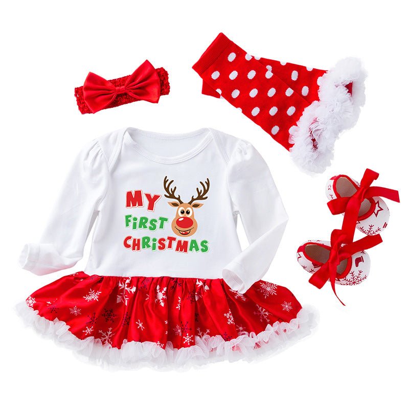 2022 new Christmas children's suit autumn and winter new baby girl long-sleeved romper dress shoes and socks 4-piece set wholesale