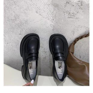 Design sense niche one-step thick-soled sponge cake square-toe small leather shoes female British style black small height increase single shoes