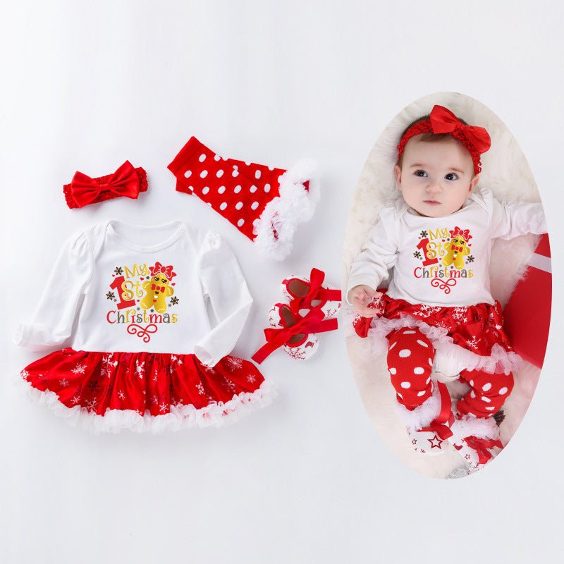 2022 new Christmas children's suit autumn and winter new baby girl long-sleeved romper dress shoes and socks 4-piece set wholesale