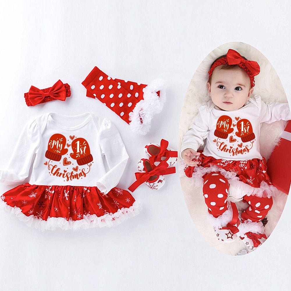 2022 new Christmas children's suit autumn and winter new baby girl long-sleeved romper dress shoes and socks 4-piece set wholesale