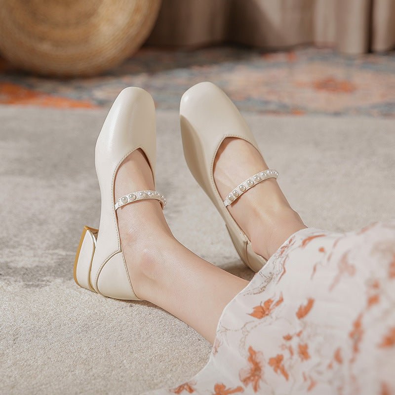 College style small leather shoes female 2021 new Japanese minimalist pearl square head Mary Zhen women shoes with single shoes women