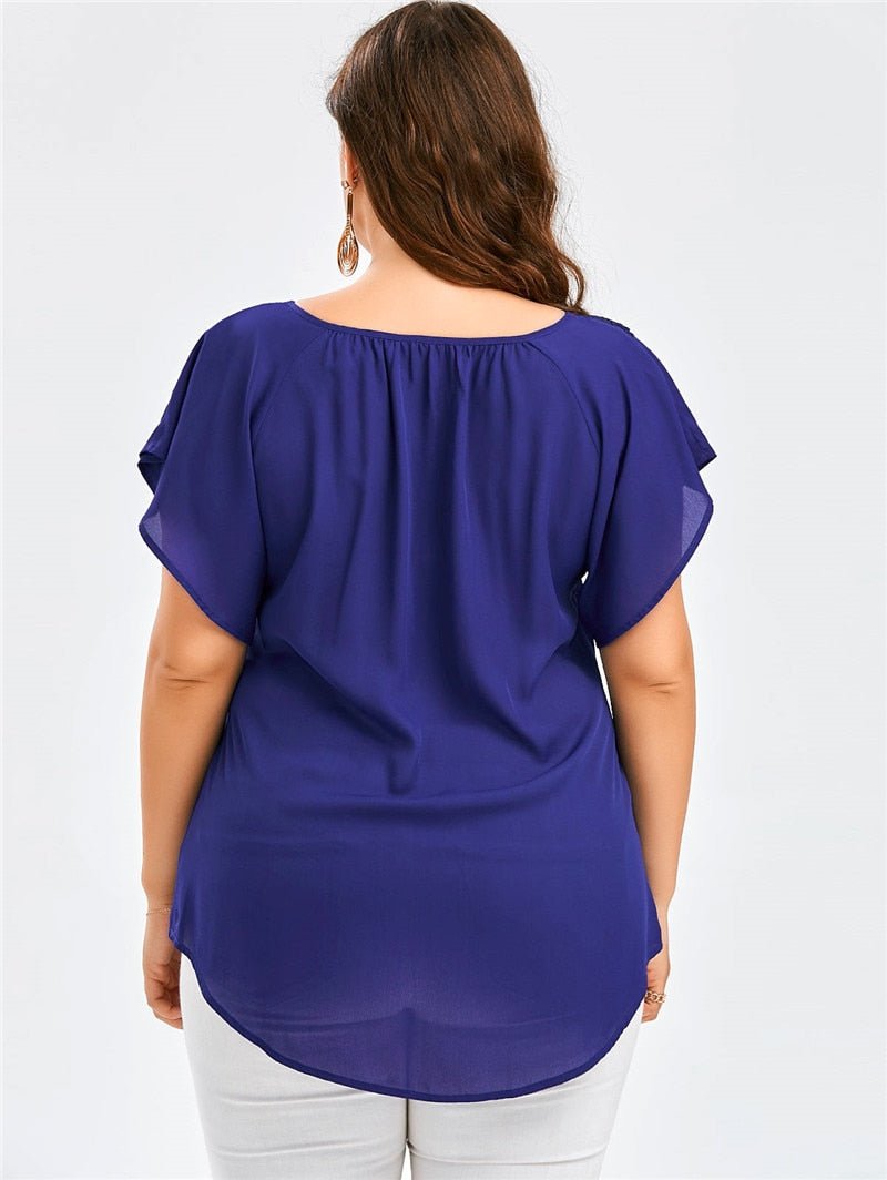 Plus Size Women Clothing T-Shirts Summer Short Sleeve Chiffon Pullovers Tops Lace V-Neck Fashion Blue T-Shirt Female Tees