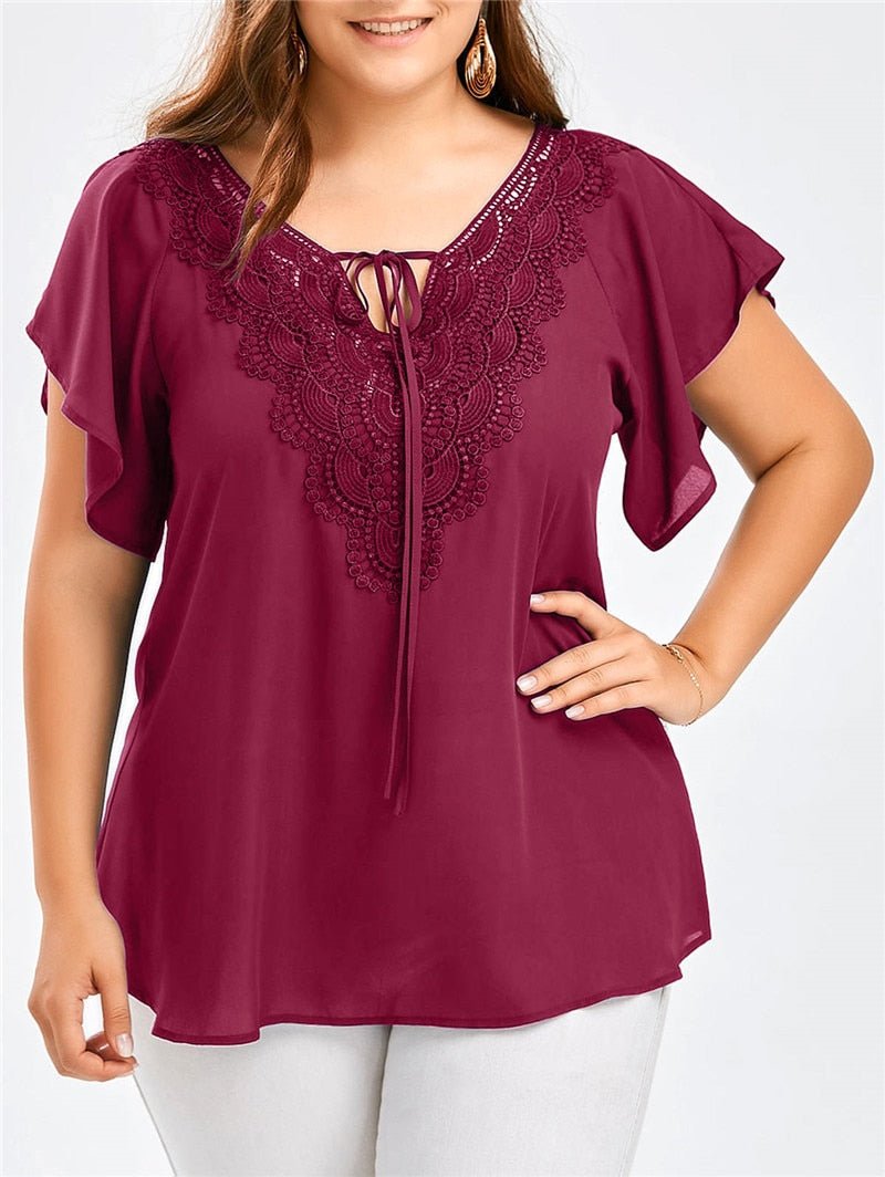 Plus Size Women Clothing T-Shirts Summer Short Sleeve Chiffon Pullovers Tops Lace V-Neck Fashion Blue T-Shirt Female Tees